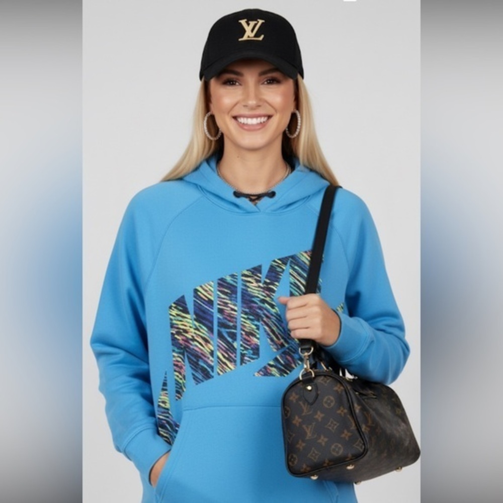 Nike Retro Blue Cotton Hoodie with Multicolor Logo